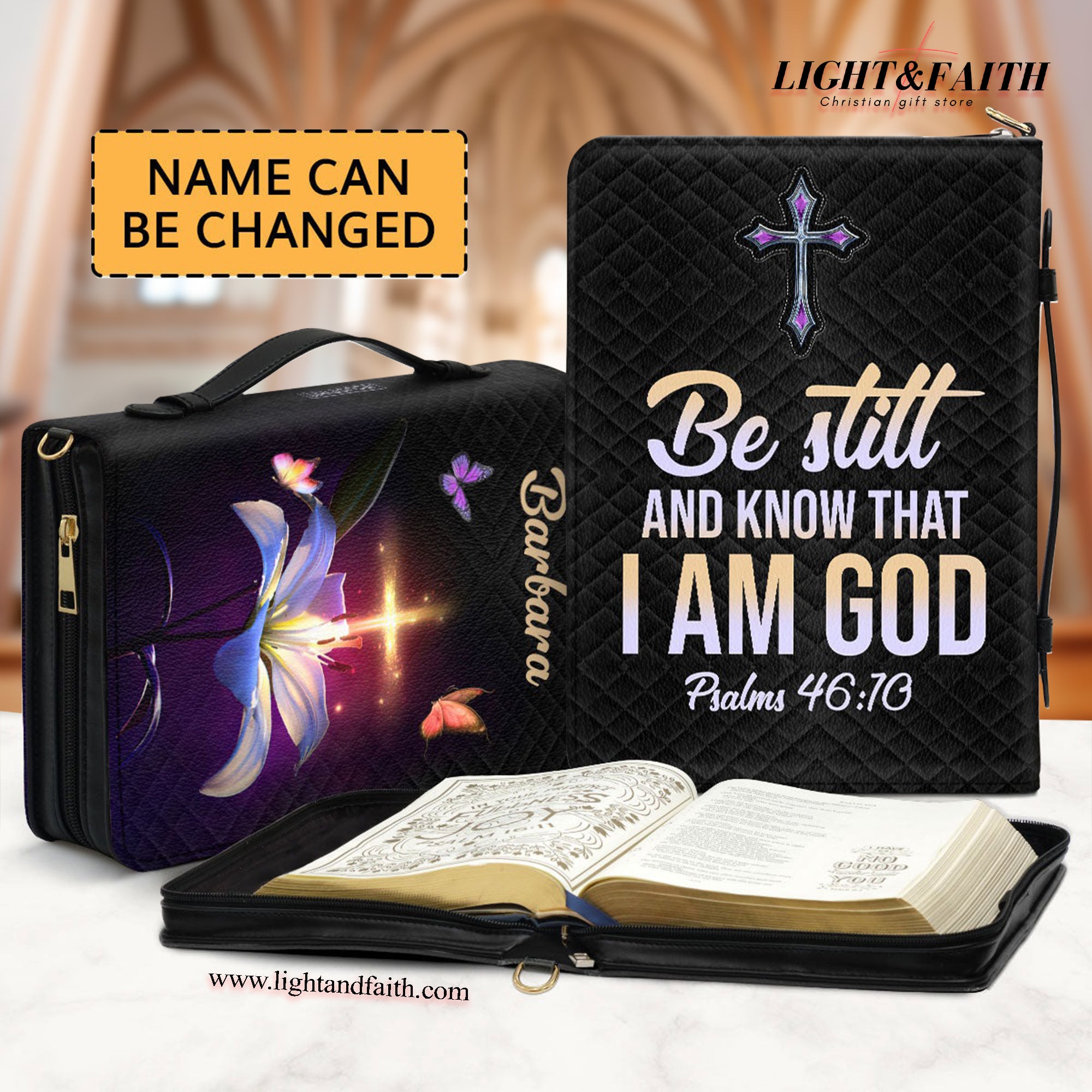 Psalm 46:10 - Be Still And Know That I Am God, Lily And Cross, Personalized Zippered Bible Cover, Christian Gift, Bible Covers Jesus Gifts